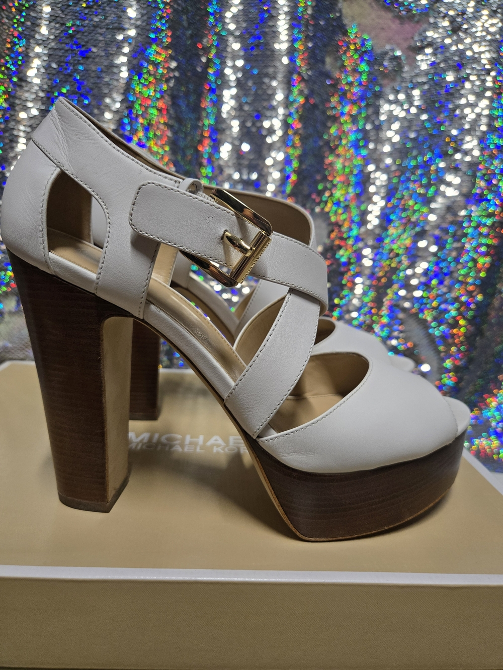 Michael Kors White Leather Platform Sandal with Wood Block Heel
